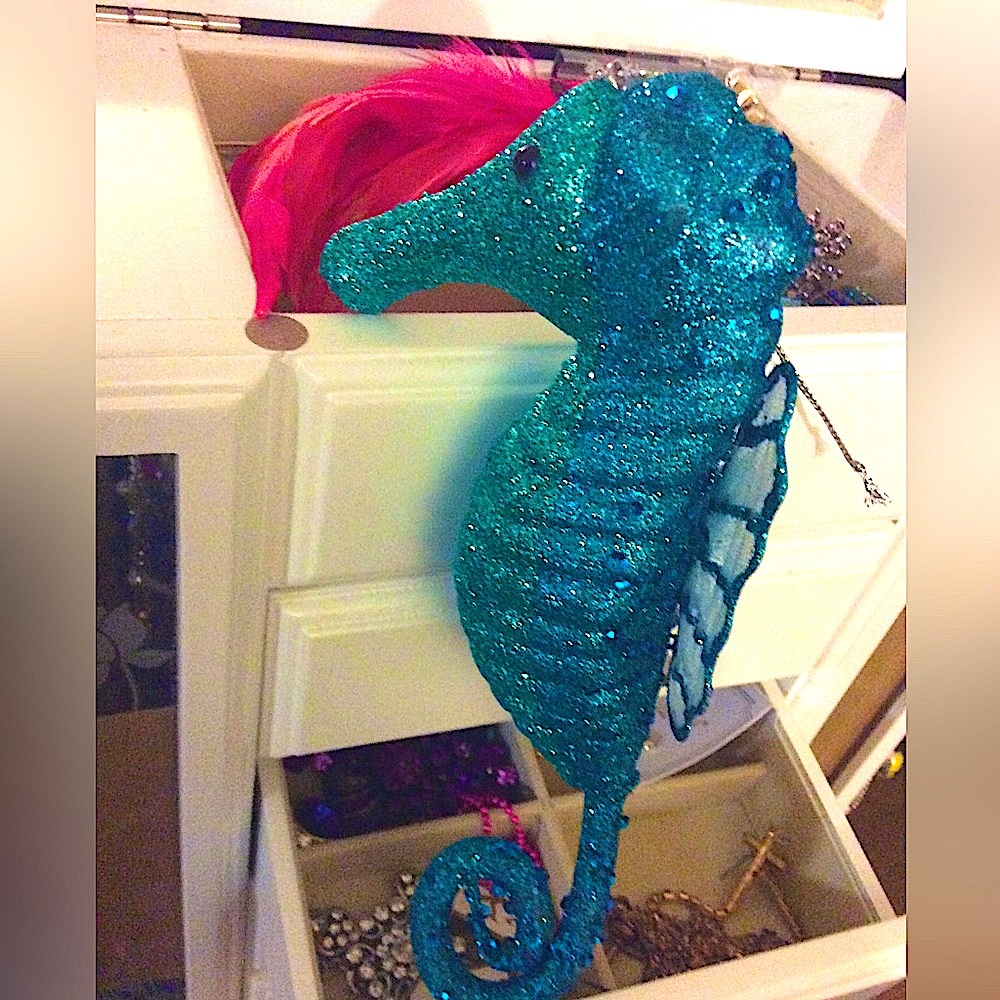 Glitter seahorse ornament Styrofoam large teal